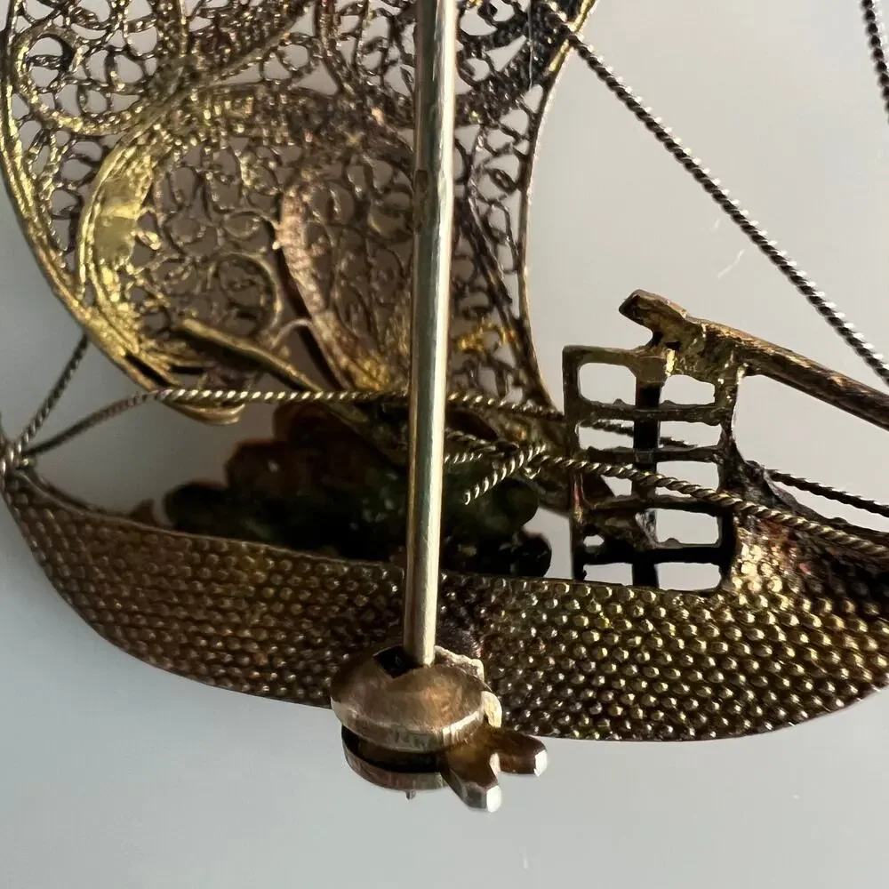 Vintage Gold Tone Filigree Chinese Ship Boat Brooch